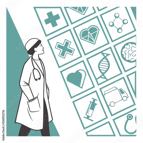 Doctor walking past medical icons healthcare illustration