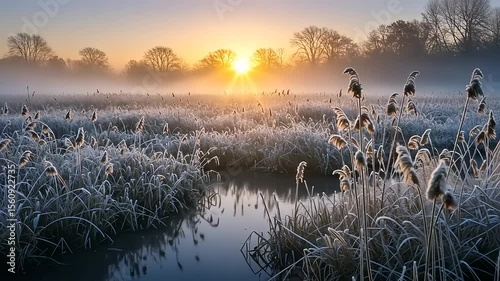 Frosty morning landscape with mist, sunrise over tranquil marsh