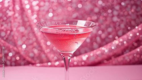 A pink cocktail in a martini glass sits on a pink surface with a pink sequin backdrop behind it
