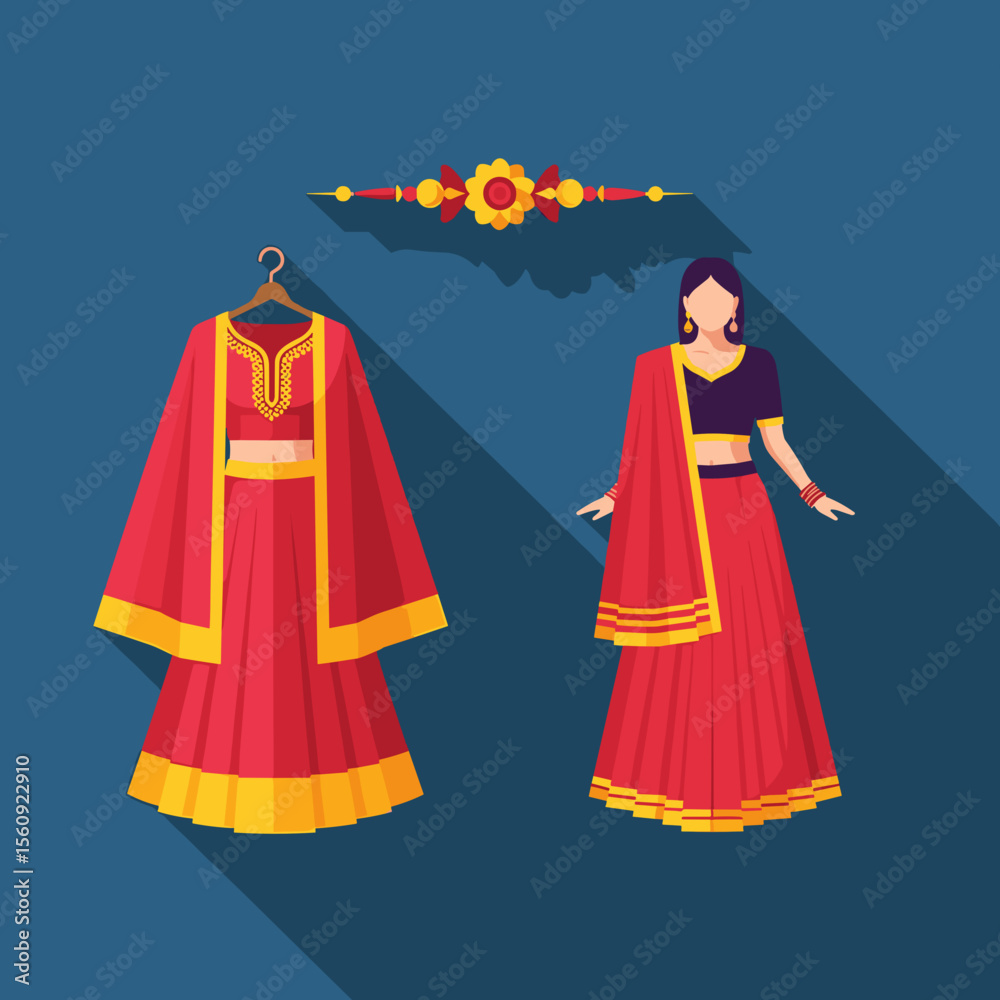 Fototapeta premium Traditional Indian Ethnic Outfits for Rakhi Celebration on Blue Background for Fashion Blogs, Cultural Events, Festivals, and Online Clothing Stores