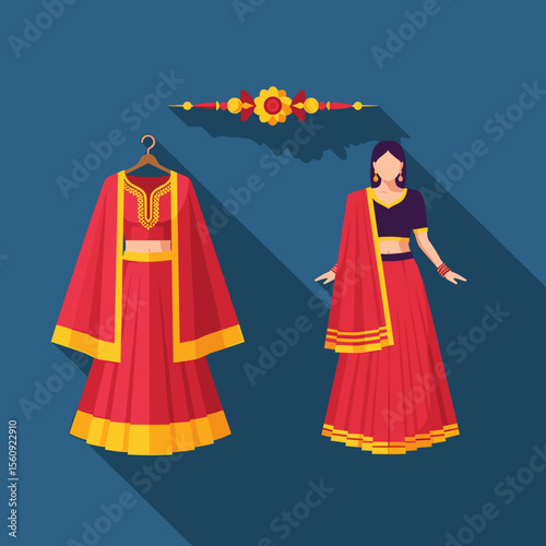 Traditional Indian Ethnic Outfits for Rakhi Celebration on Blue Background for Fashion Blogs, Cultural Events, Festivals, and Online Clothing Stores
