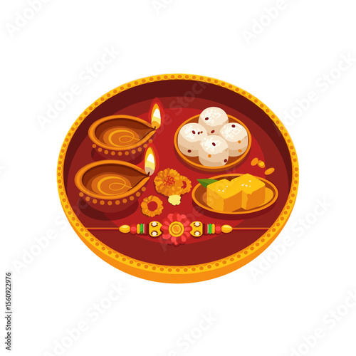 Festive Rakhi Thali with Diyas and Sweets for Cultural Celebrations, Indian Festivals, Religious Events, and Social Media Posts