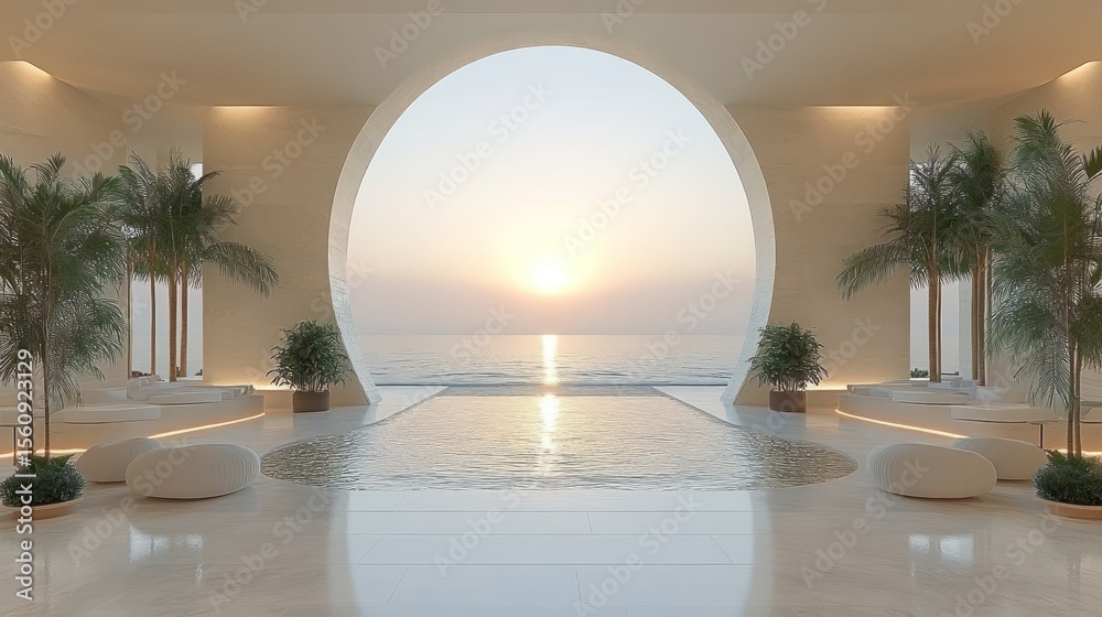 Fototapeta premium Coastal spa, serene, minimalist interior