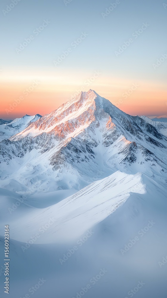 Obraz premium Snowy Mountain Peaks, Alpine Scenery, Extreme Weather, Majestic Snow-Capped Mountain at Sunrise with Soft Pastel Sky
