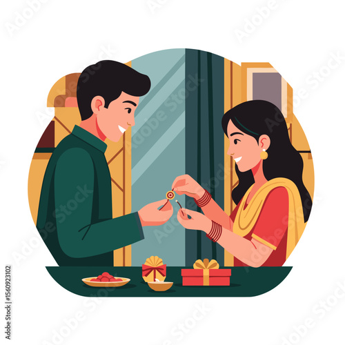 Siblings Celebrating Rakhi Tying Tradition with Gifts and Sweets in a Festive Indoor Setting for Cultural Awareness, Family Blogs, Festivities, and Social Media Content