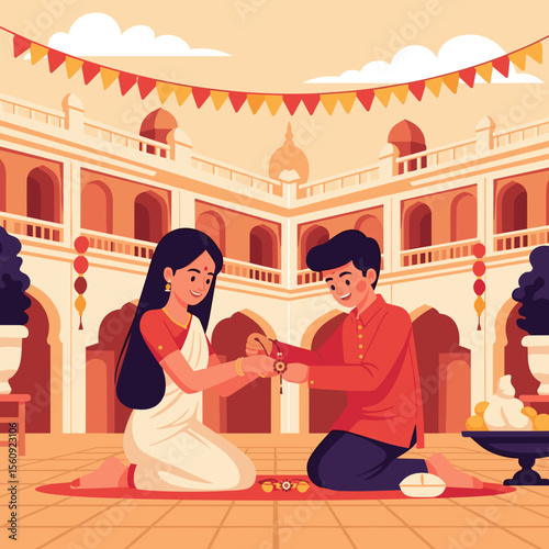 Siblings Celebrating Raksha Bandhan with Traditional Ceremony in Decorative Courtyard for Cultural Blogs, Family Websites, Festival Content, and Social Media Posts