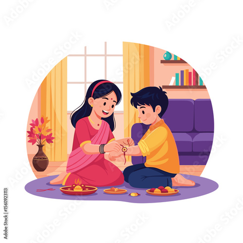 Rakhi Tying Moment Between Siblings in a Festive Home Setting for Cultural Blogs, Family Websites, Festival Celebrations, and Social Media Content