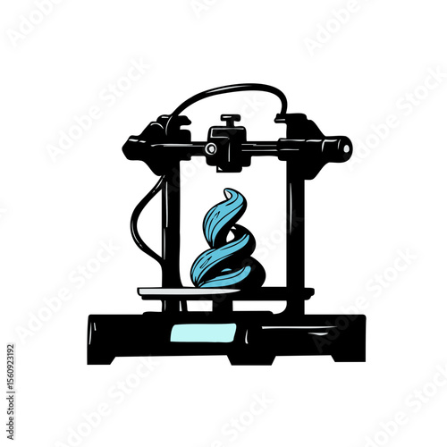 3D printer with blue filament creating a spiral shape on transparent background