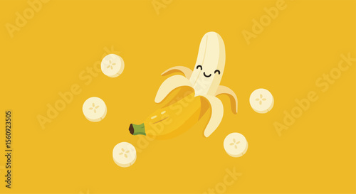 Cute Cartoon Peeled Banana with Slices Floating Around