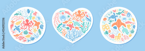Underwater cartoon design with heart and circle shapes sticker. Aquatic life with octopus, jellyfish, fish, and turtles. Marine creatures form colorful round stickers for ocean themes.