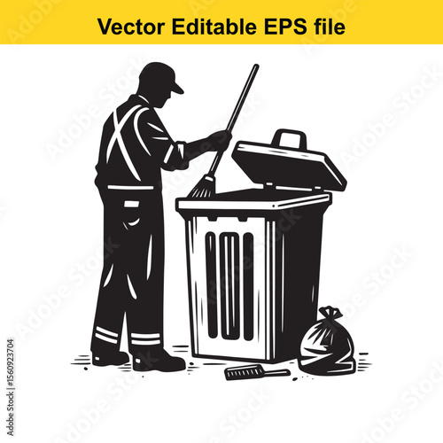 Stylized Black and White Illustration of a Trash Can with Lid and Handle Emphasizing Graphic Design and Clean Lines for Waste Management or Environmental Themes