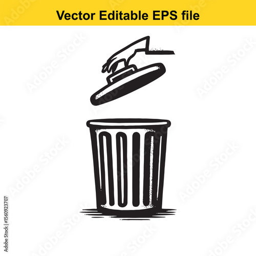 Stylized Black and White Illustration of a Trash Can with Lid and Handle Emphasizing Graphic Design and Clean Lines for Waste Management or Environmental Themes