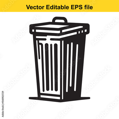 Stylized Black and White Illustration of a Trash Can with Lid and Handle Emphasizing Graphic Design and Clean Lines for Waste Management or Environmental Themes