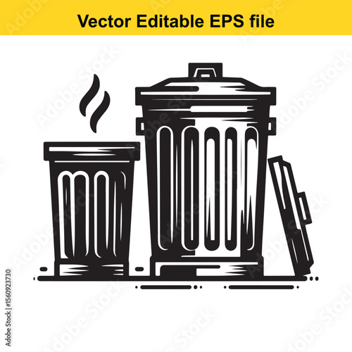 Stylized Black and White Illustration of a Trash Can with Lid and Handle Emphasizing Graphic Design and Clean Lines for Waste Management or Environmental Themes