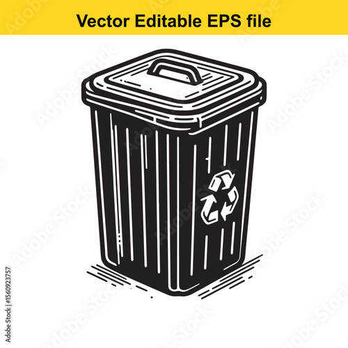 Stylized Black and White Illustration of a Trash Can with Lid and Handle Emphasizing Graphic Design and Clean Lines for Waste Management or Environmental Themes
