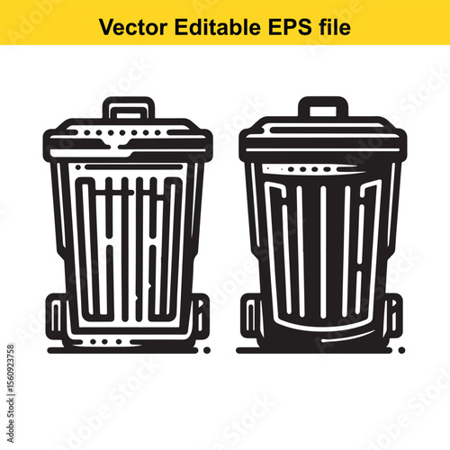 Stylized Black and White Illustration of a Trash Can with Lid and Handle Emphasizing Graphic Design and Clean Lines for Waste Management or Environmental Themes
