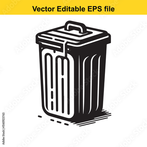 Stylized Black and White Illustration of a Trash Can with Lid and Handle Emphasizing Graphic Design and Clean Lines for Waste Management or Environmental Themes