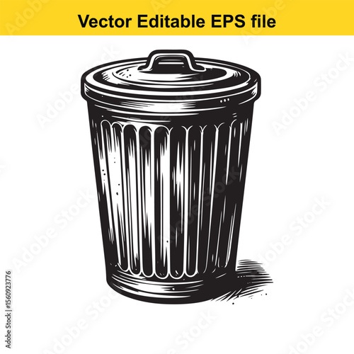 Stylized Black and White Illustration of a Trash Can with Lid and Handle Emphasizing Graphic Design and Clean Lines for Waste Management or Environmental Themes