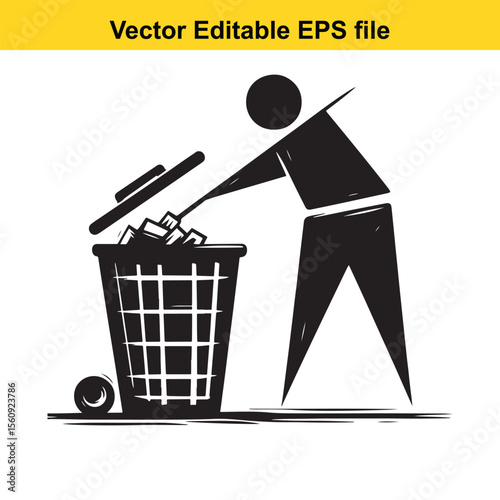 Stylized Black and White Illustration of a Trash Can with Lid and Handle Emphasizing Graphic Design and Clean Lines for Waste Management or Environmental Themes