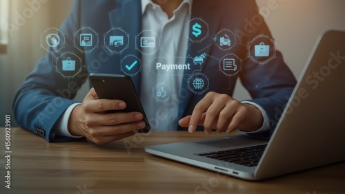 Digital payments: man using phone and laptop for online transactions, financial tech, and easy banking