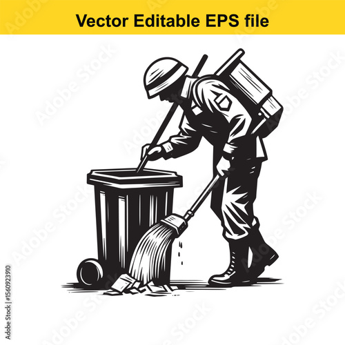 Stylized Black and White Illustration of a Trash Can with Lid and Handle Emphasizing Graphic Design and Clean Lines for Waste Management or Environmental Themes