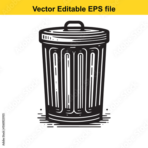 Stylized Black and White Illustration of a Trash Can with Lid and Handle Emphasizing Graphic Design and Clean Lines for Waste Management or Environmental Themes