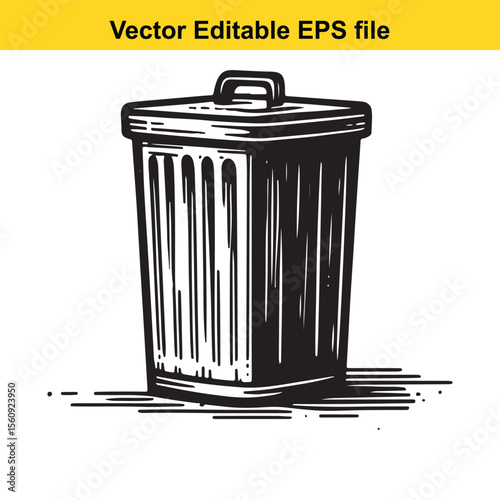 Stylized Black and White Illustration of a Trash Can with Lid and Handle Emphasizing Graphic Design and Clean Lines for Waste Management or Environmental Themes