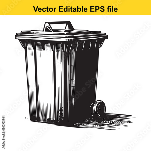 Stylized Black and White Illustration of a Trash Can with Lid and Handle Emphasizing Graphic Design and Clean Lines for Waste Management or Environmental Themes