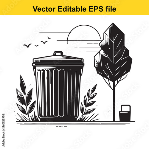 Stylized Black and White Illustration of a Trash Can with Lid and Handle Emphasizing Graphic Design and Clean Lines for Waste Management or Environmental Themes