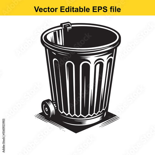 Stylized Black and White Illustration of a Trash Can with Lid and Handle Emphasizing Graphic Design and Clean Lines for Waste Management or Environmental Themes