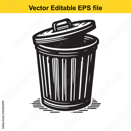 Stylized Black and White Illustration of a Trash Can with Lid and Handle Emphasizing Graphic Design and Clean Lines for Waste Management or Environmental Themes