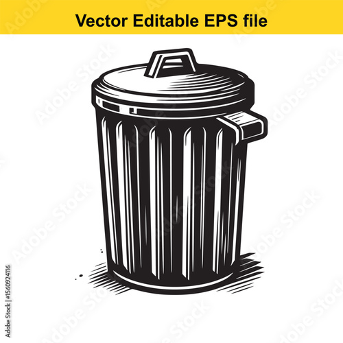 Stylized Black and White Illustration of a Trash Can with Lid and Handle Emphasizing Graphic Design and Clean Lines for Waste Management or Environmental Themes