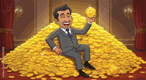 Happy Businessman Sitting on a Pile of Gold Coins