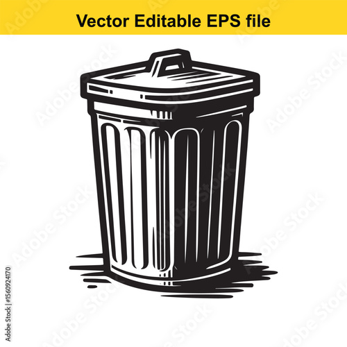 Stylized Black and White Illustration of a Trash Can with Lid and Handle Emphasizing Graphic Design and Clean Lines for Waste Management or Environmental Themes