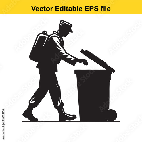 Stylized Black and White Illustration of a Trash Can with Lid and Handle Emphasizing Graphic Design and Clean Lines for Waste Management or Environmental Themes