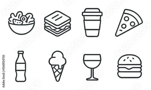 Food and drink icon set. linear fast food, beverage, pizza, burger, salad vector icons.