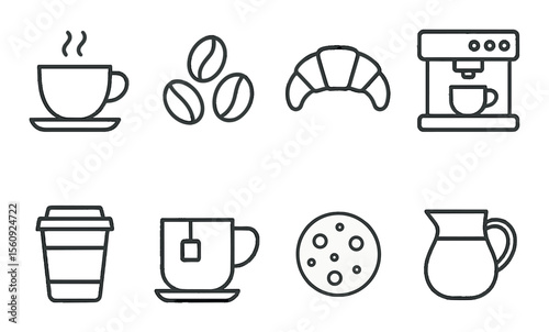Coffee shop set. linear icons: cup, bean, croissant, cookie, tea, jug, coffee machine vector icons.