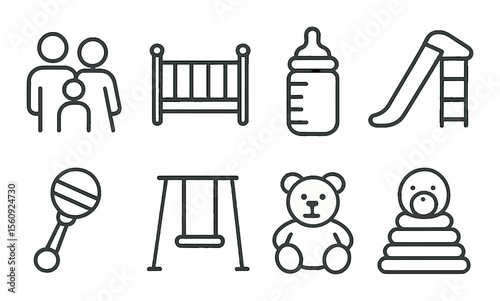 Baby essentials set. infant care linear icons. bottle, crib, slide, toy, rattle vector icons.