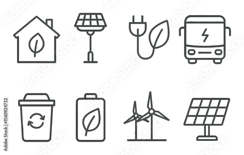 Eco energy set. renewable energy linear icons: solar, wind, recycle, leaf, battery, bus vector icons.