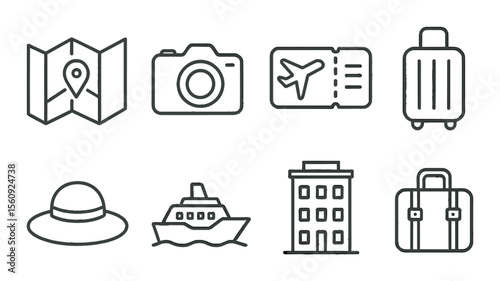 Travel icons set. adventure journey linear map, camera, ticket, suitcase vector icons.