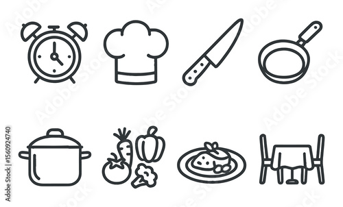 Cooking essentials icon set. kitchenware and food silhouette icons: knife, pot, pan, chef hat