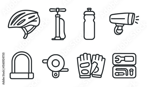 Bicycle accessory set. cycling gear silhouette helmet, pump, bottle, lock, gloves vector icons.