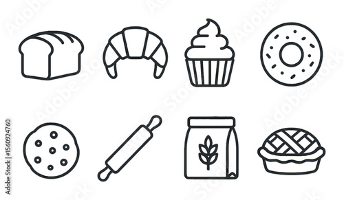 Bakery set. delicious flat bakery goods. bread, croissant, cupcake, donut vector icons.