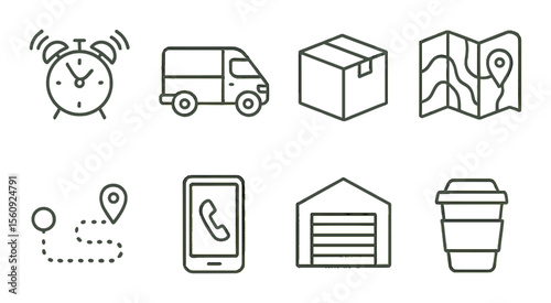 Delivery and logistics icon set. transport, map, route, package, clock linear vector icons