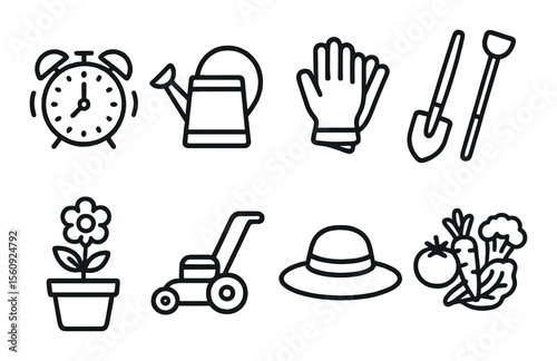 Garden tool set. gardening essentials linear icons. clock, watering can, gloves, shovel, plant, lawn mower, hat, vegetables vector icons.