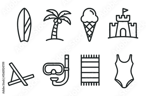 Beach fun set. tropical leisure silhouette icons. surfboard, palm, ice cream, castle vector icons.