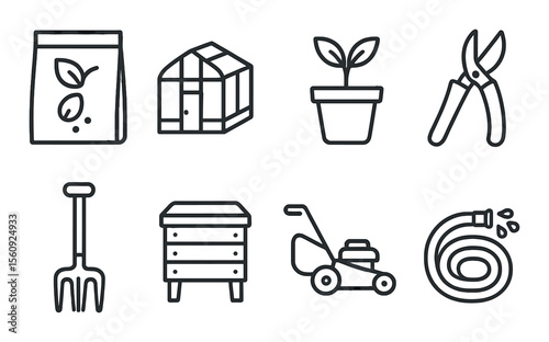 Garden tools set. greenhouse, plant, pruner, shovel, mower, hose silhouette vector icons