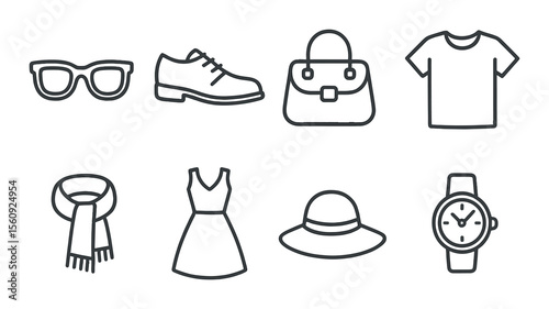 Fashion accessory set. clothing silhouette icons. glasses, shoes, bag, dress, watch vector icons.