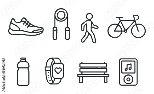 Fitness exercise set. workout silhouette icons. shoe, jump rope, walking, bike, bench vector icons.