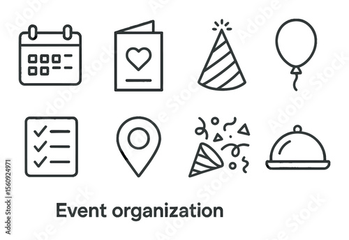 Event organization set. linear event planning icons. calendar, invitation, party, location vector icons.
